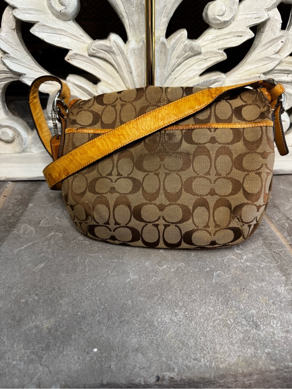 Coach Signature Monogram Crossbody Bag in Brown with Yellow Trim